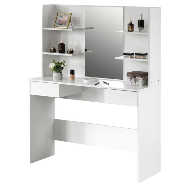 Basicwise White Modern Wooden Dressing Table with Drawer, Mirror and Shelves for The Dining Room, Entryway QI004241L.WT